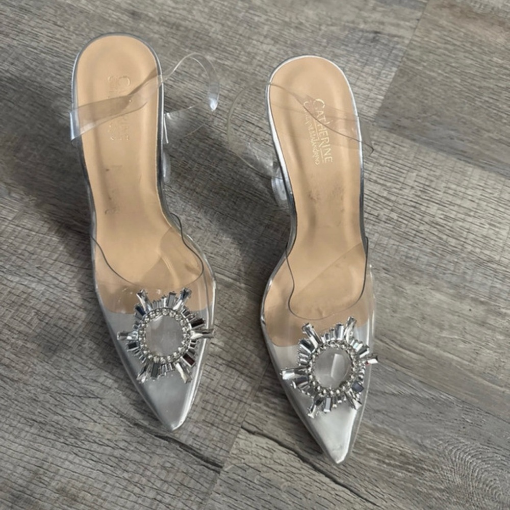 Catherine Malandrino Silver Pointed Toe Heels with Crystal Sunburst - Picture 4 of 13